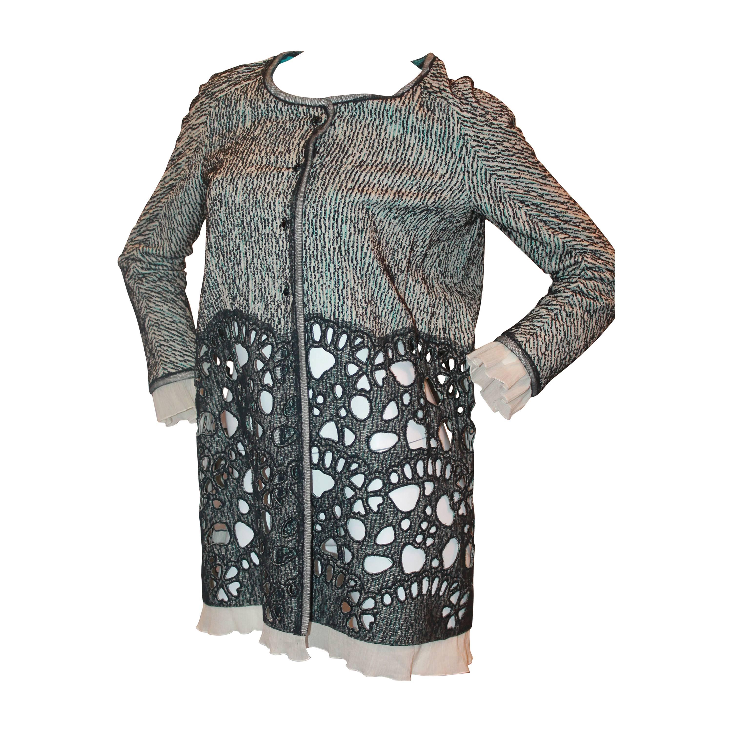 Rochas Black & White Long Jacket w/ Aqua Stitching & Lace Cutout Bottom - 6