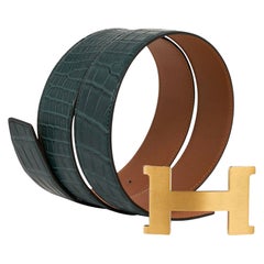Hermes Constance Matte Porosus Crocodile 42 mm Belt Vert Titien / Gold 90 New