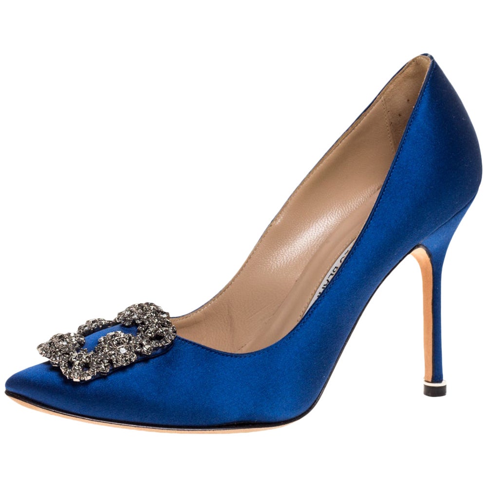Manolo Blahnik Blue Satin Alicia Embellished Peep Toe Sandals Size 37 ...
