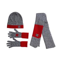 Chanel Black/White Cashmere Knit CC Scarf Hat & Glove Set w/ Red Trim
