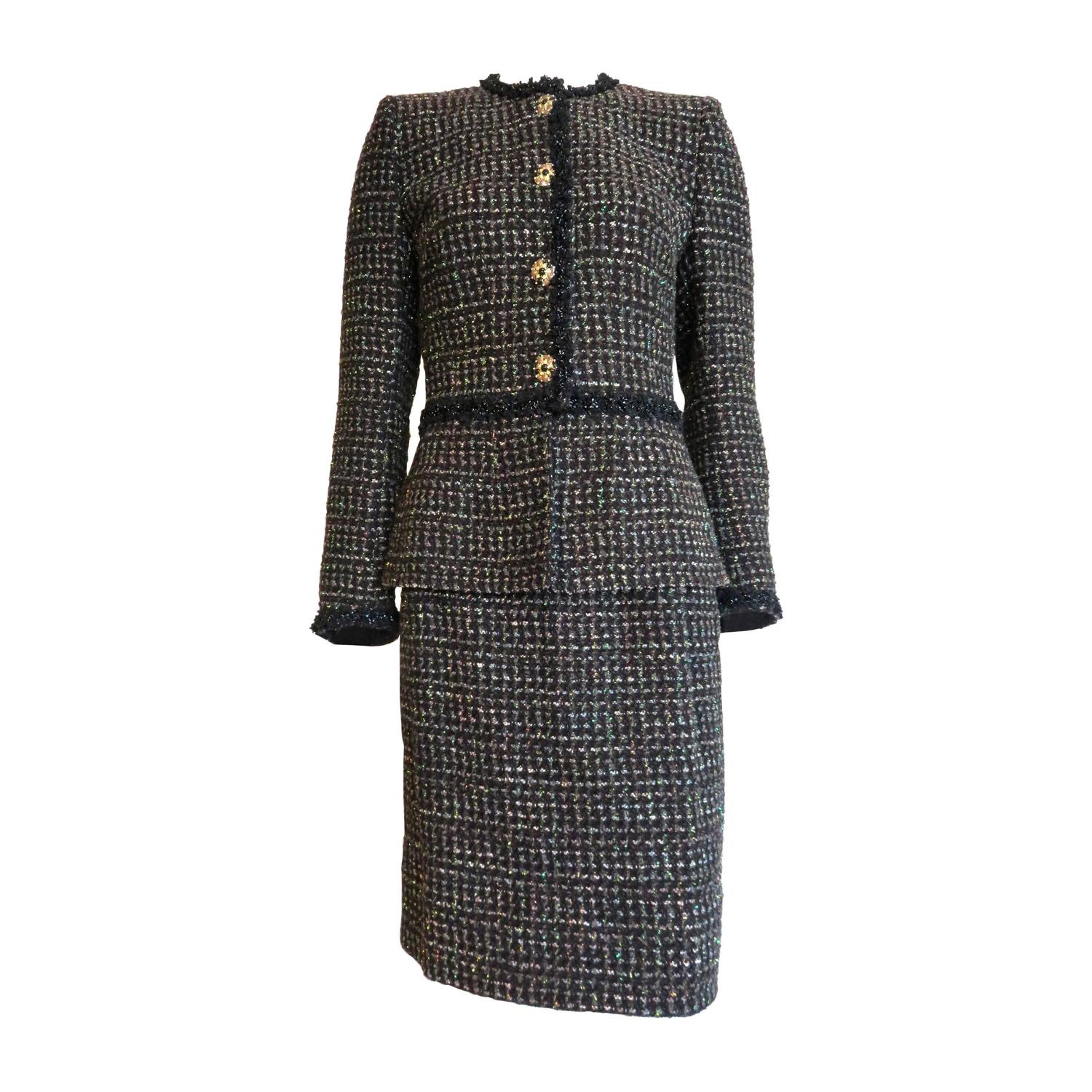 1980's CHANEL BOUTIQUE Metallic tweed evening skirt suit at 1stdibs