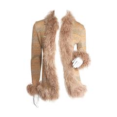 Valentino Metallic Knit Cardigan with Marabou Feather Trim