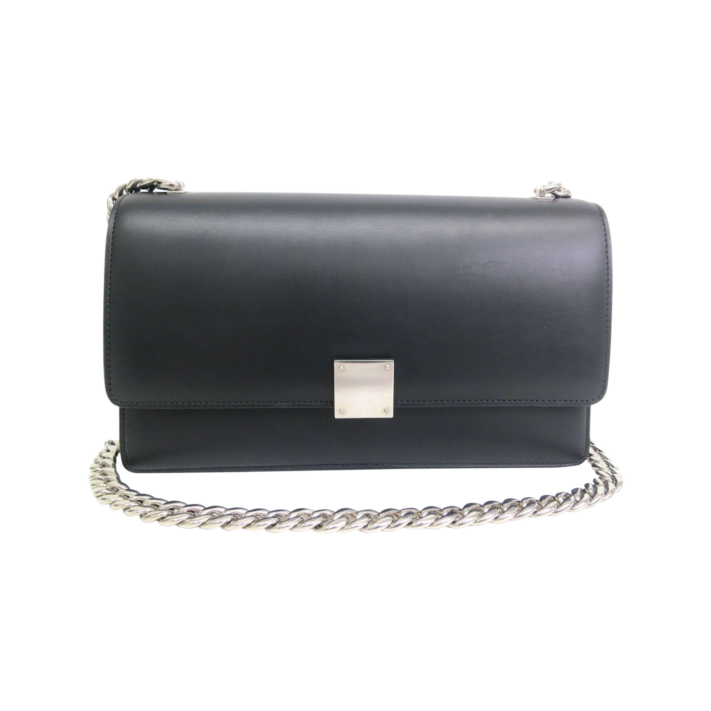 Celine Black Leather Silver Chain Hardware Crossbody Shoulder Bag