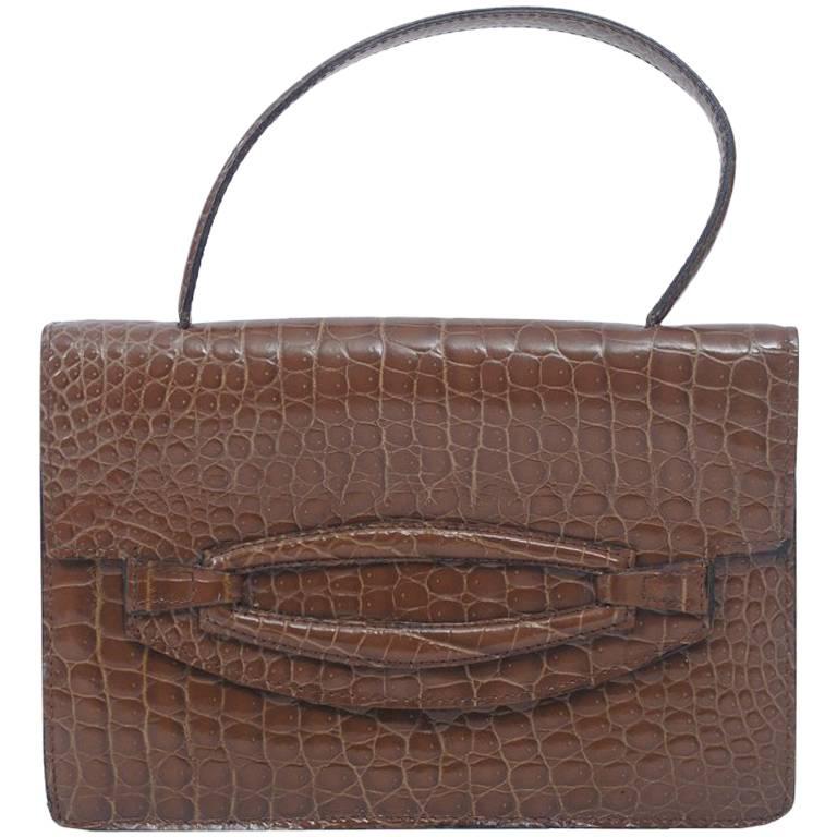 Cocoa Faux Croc Handbag For Sale
