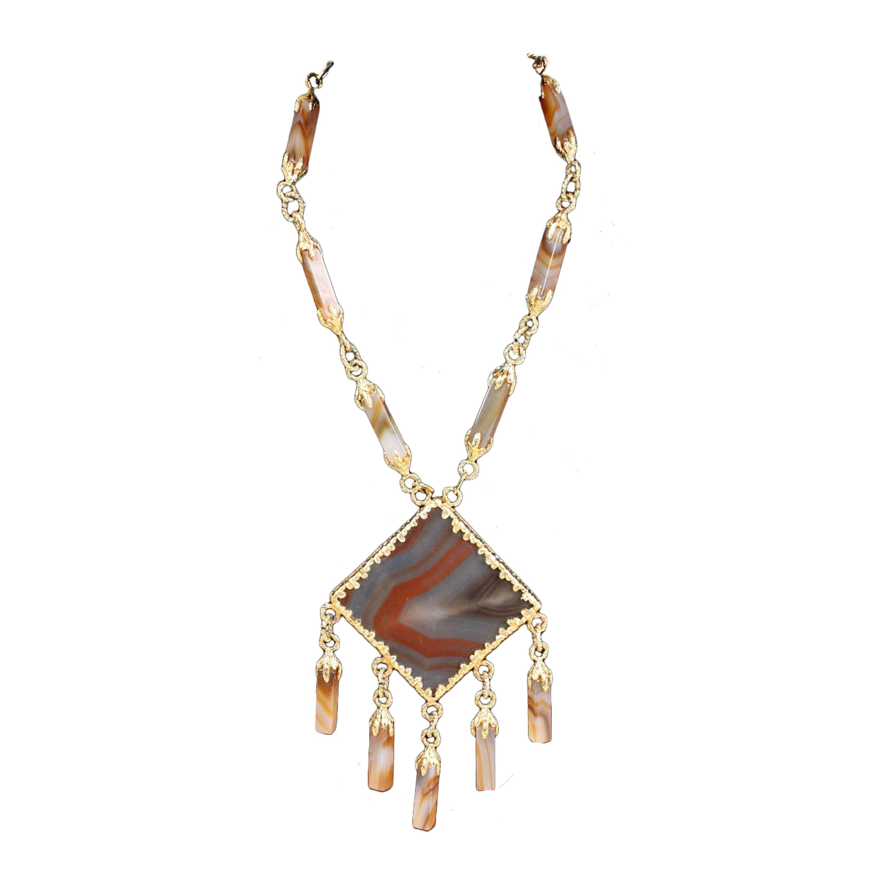 1970's Gold-Toned Agate Statement Necklace For Sale