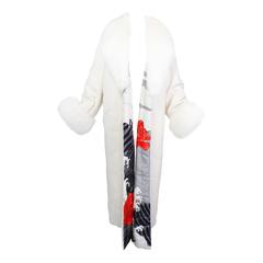 Retro 1980s Hanae Mori Couture White Fur Coat with Silk Lining