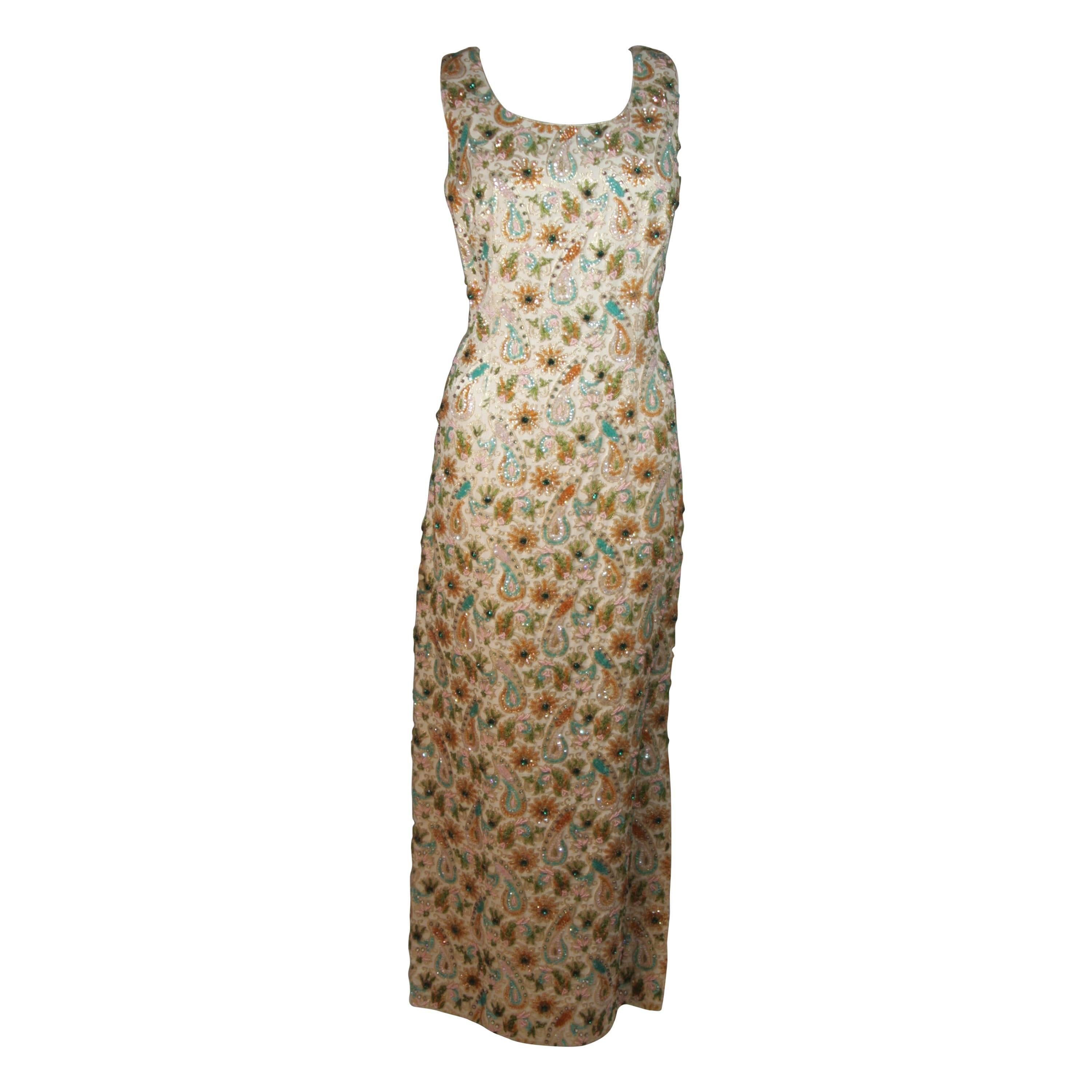 1960's Creme & Gold Seidenbrokat Hand Perlen und bestickt Kleid Größe 16