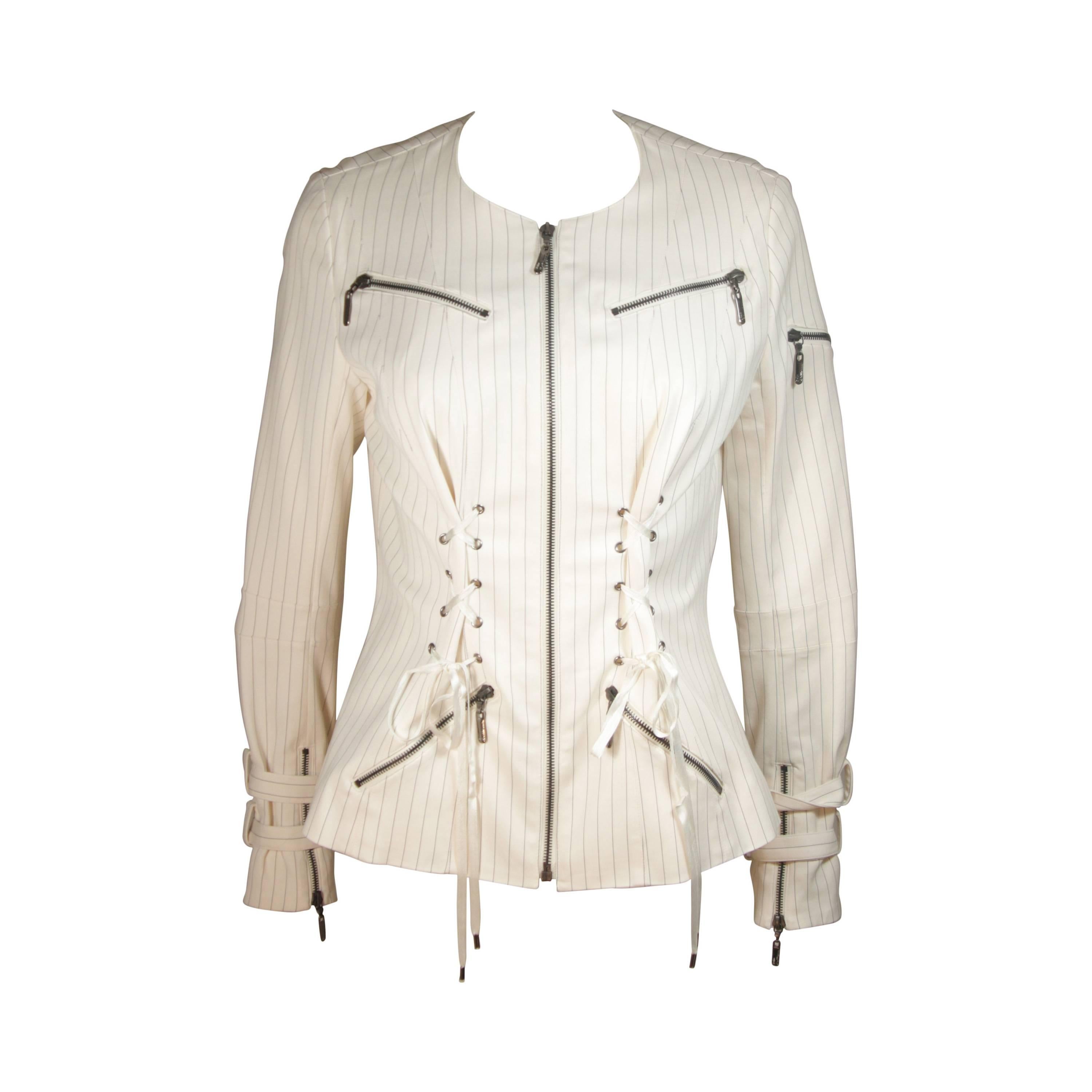 JOHN GALLIANO Off White Pinstripe Zipper Jacket with Corset Details Size 42