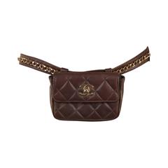  CHANEL Vintage Brown QUILTED Leather WAIST PURSE with Golden CHAIN BELT