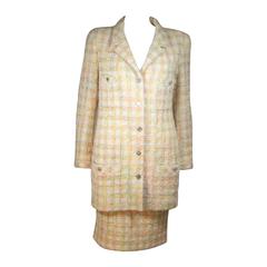 Vintage CHANEL Pastel Cream Yellow and Pink Skirt Suit Size 42