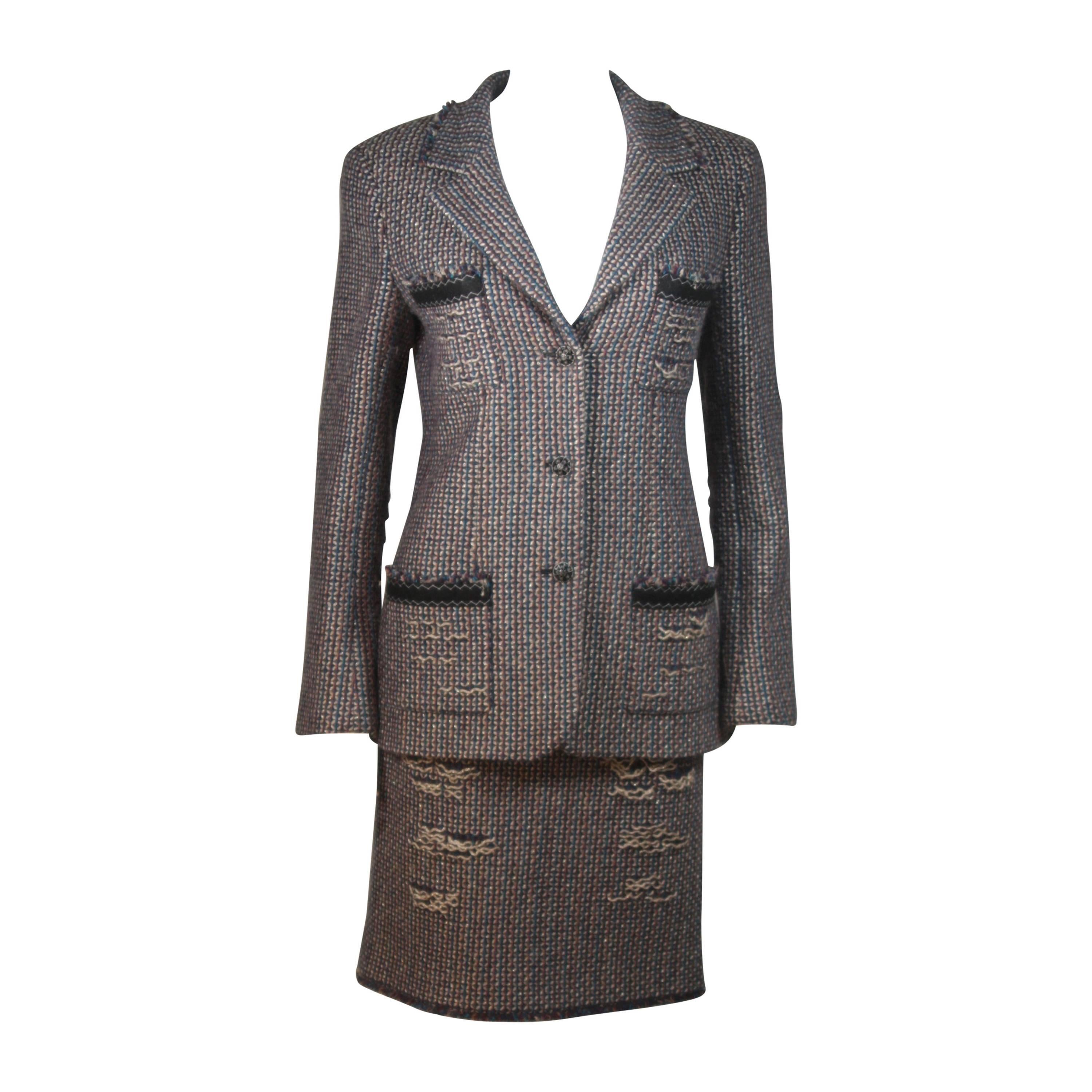 CHANEL Gold Metallic Tweed with Brown and Burgundy Skirt Suit Size 40