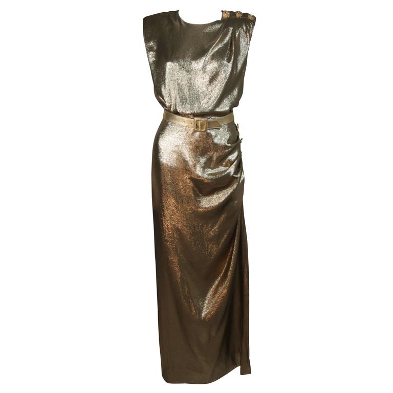 YVES SAINT LAURENT Gold Silk Lame Draped Gown with Belt Size 38 at 1stDibs