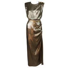 YVES SAINT LAURENT Gold Silk Lame Draped Gown with Belt Size 38