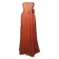 Used CHRISTIAN DIOR By JOHN GALLIANO Coral Silk Gown with Embellishments Size 36