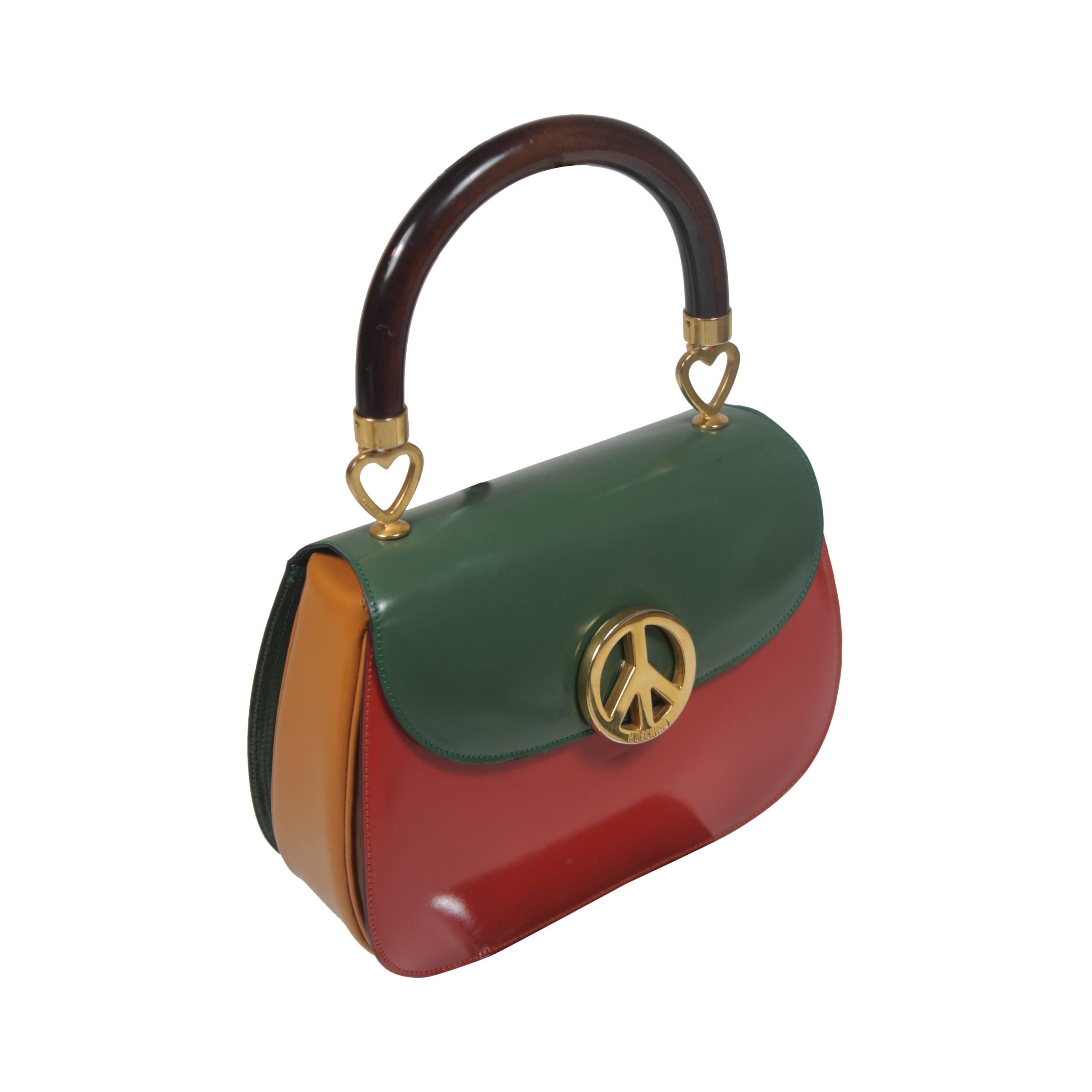 MOSCHINO Peace & Love Color Block Leather Purse with Wood Handle Optional Strap