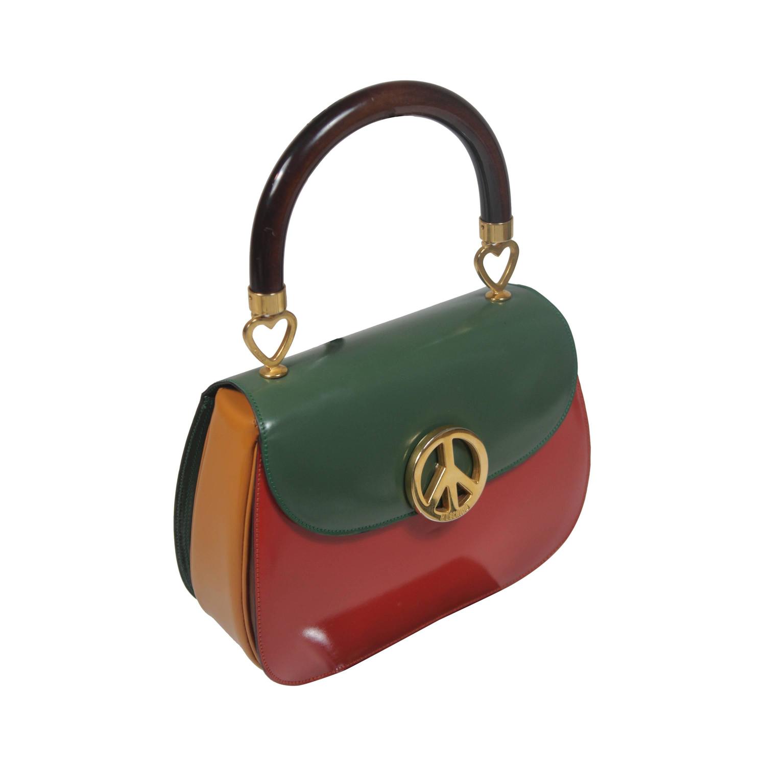 MOSCHINO Peace and Love Color Block Leather Purse with Wood Handle