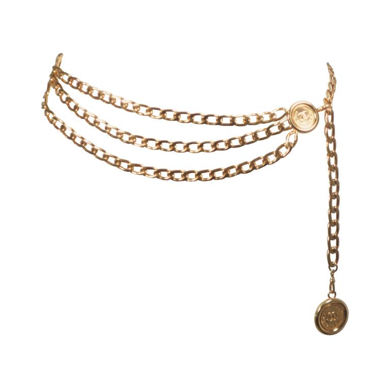 CHANEL Gold Tone Triple Strand Detail Chain Link Belt Necklace Open Size at  1stDibs