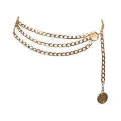 CHANEL Gold Tone Triple Strand Detail Chain Link Belt Necklace Open Size