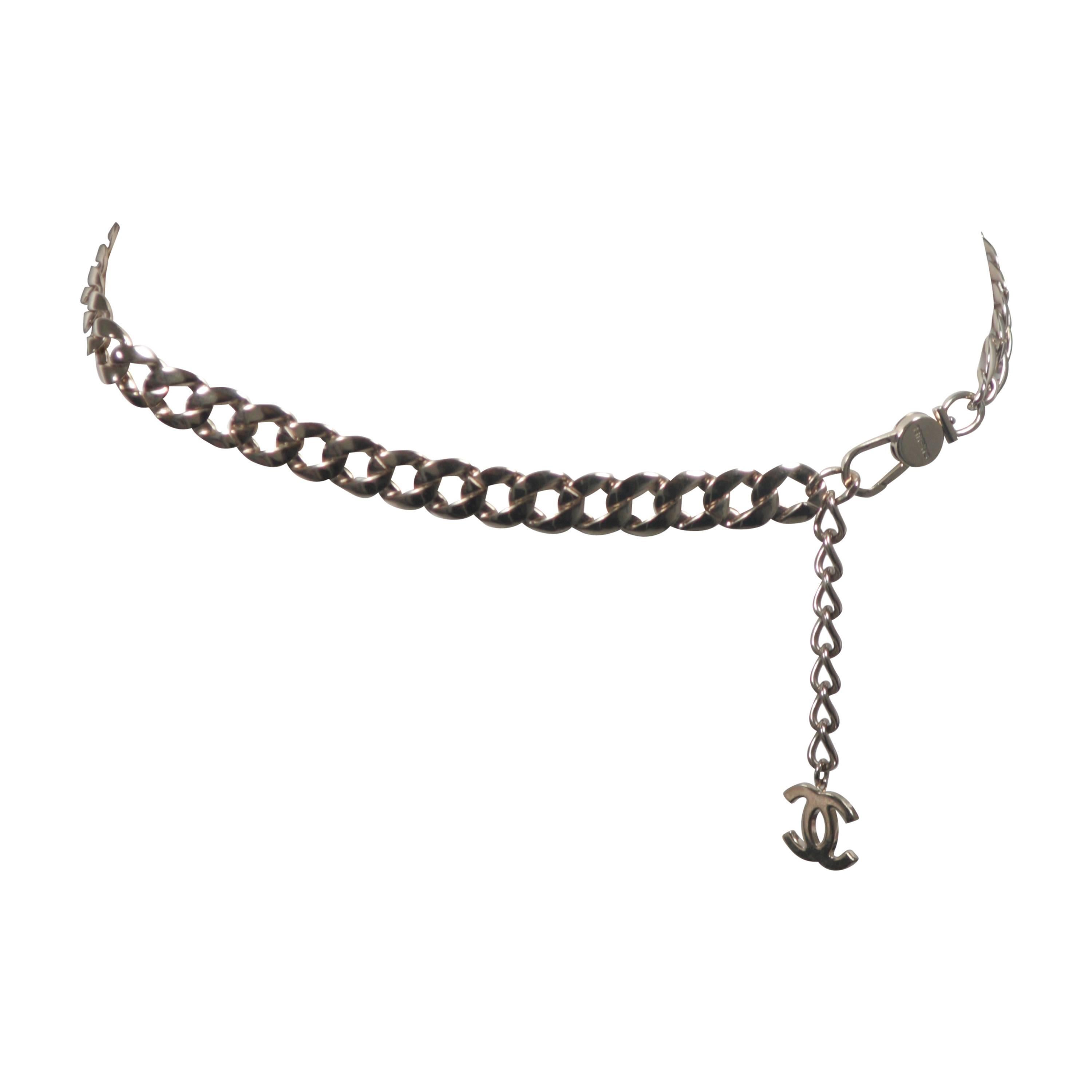 CHANEL Silver Chain Link Belt with Chanel Logo Tassel 