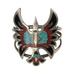 Zuni Matrix Turquoise Coral Inlay Sterling Silver Bracelet 12