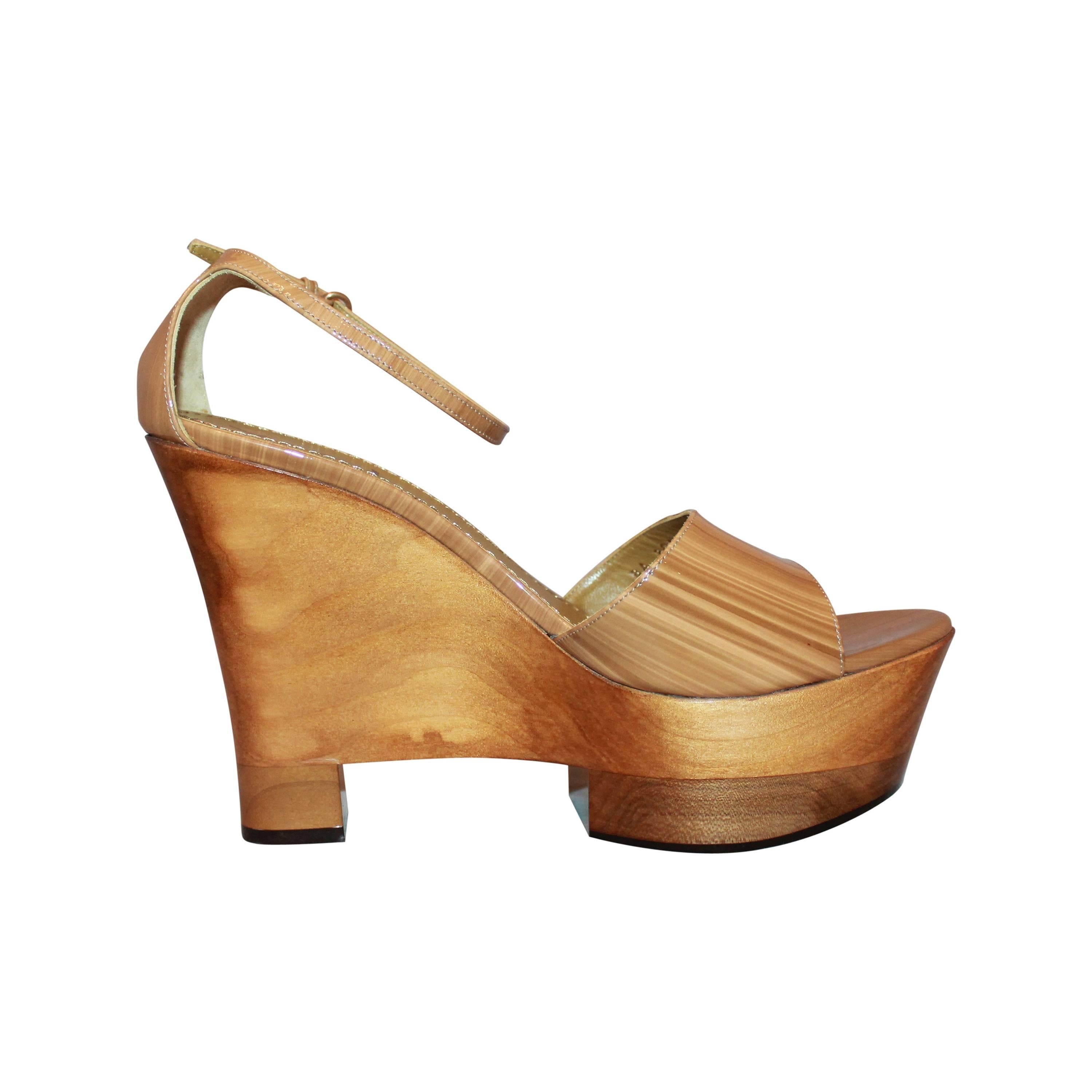YSL Light Brown & Gold Wood & Patent Cutout Wedge Sandals - 41