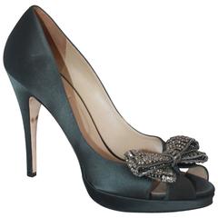 Valentino Dark Grey Silk Peep Toe Pumps w/ Rhinestone Front Bow - 41 at ...