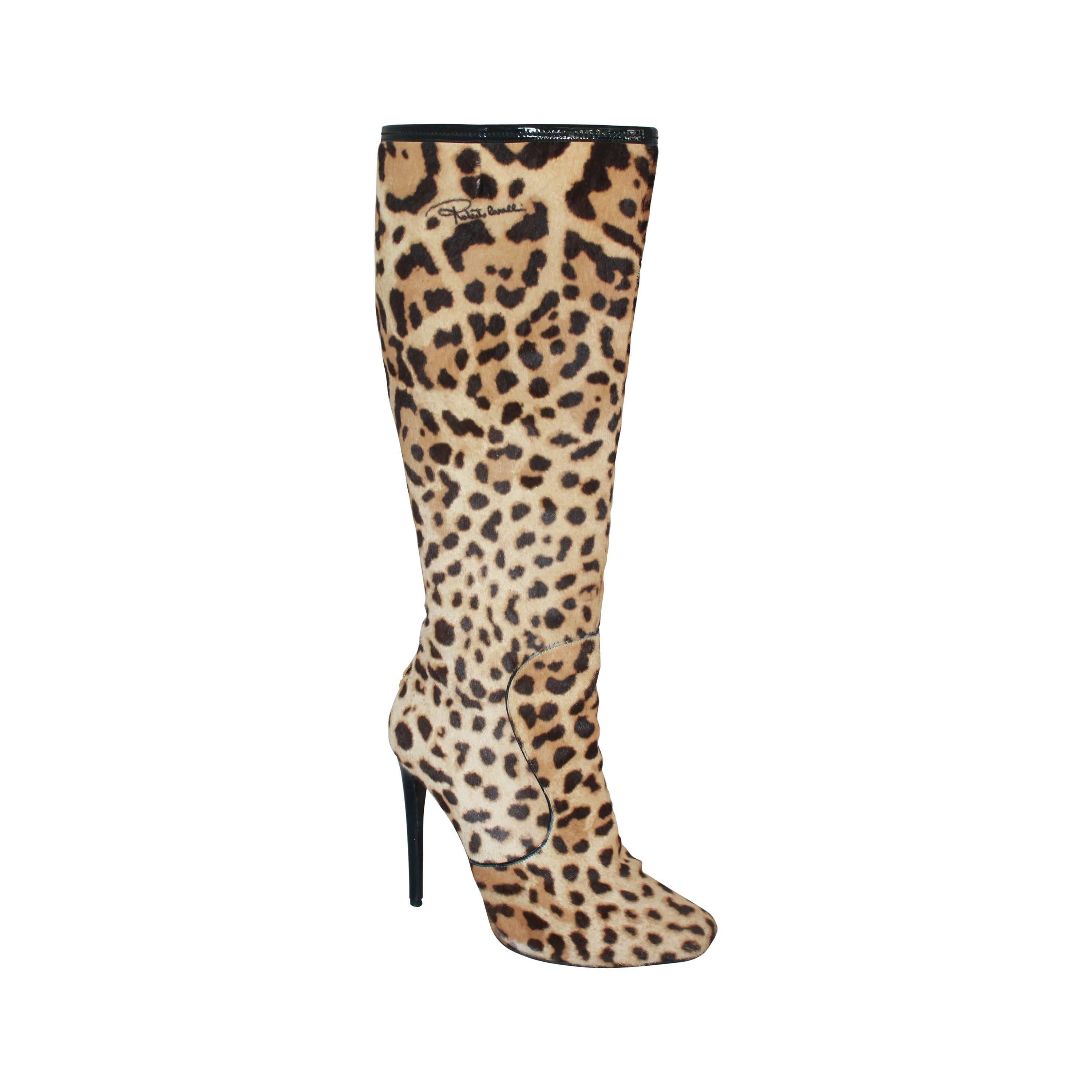 Roberto Cavalli Leopard Print Pony Hair Knee High Stilleto Boots - 40