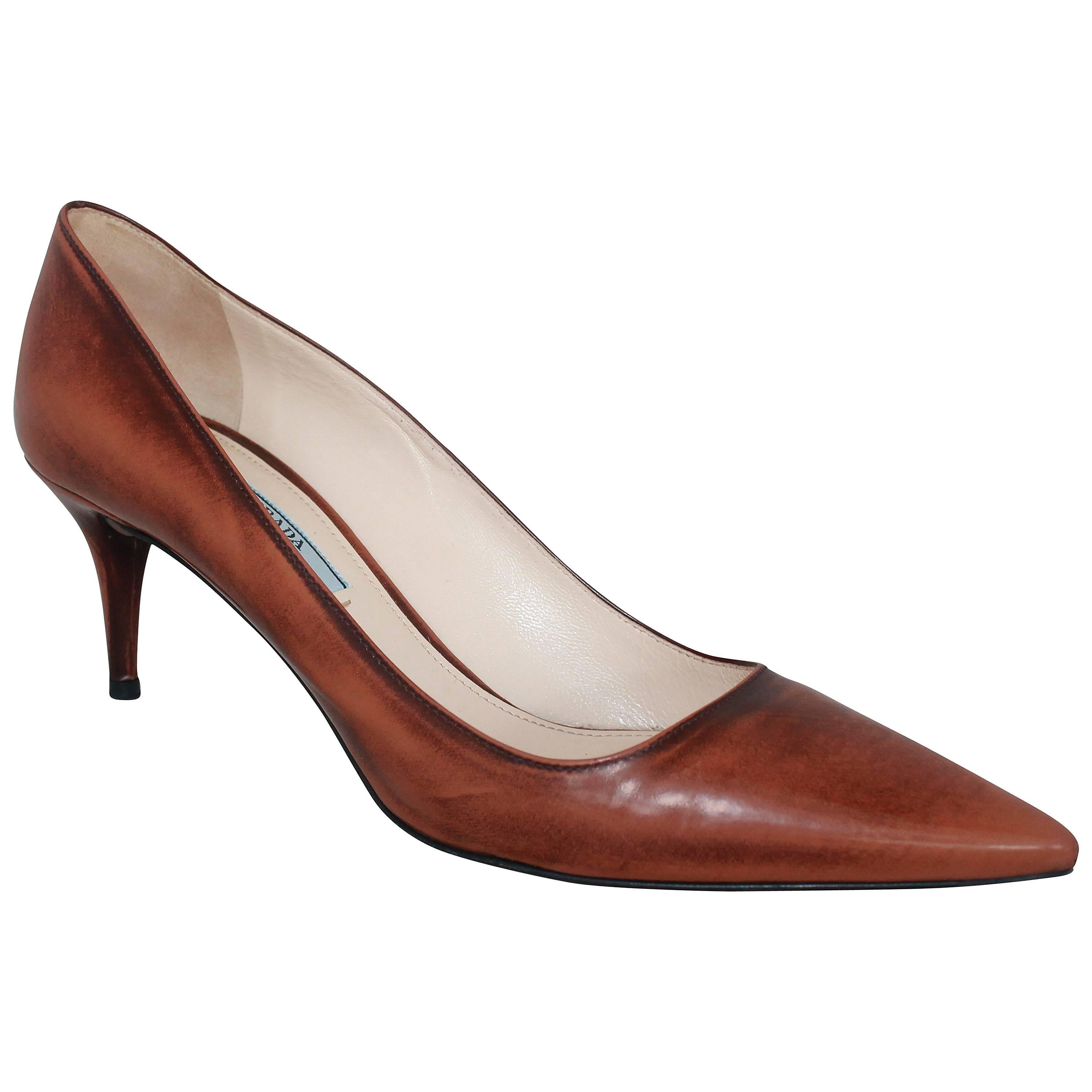 Prada Brown Unfinished Patent Pointed Toe Low Heels - 41