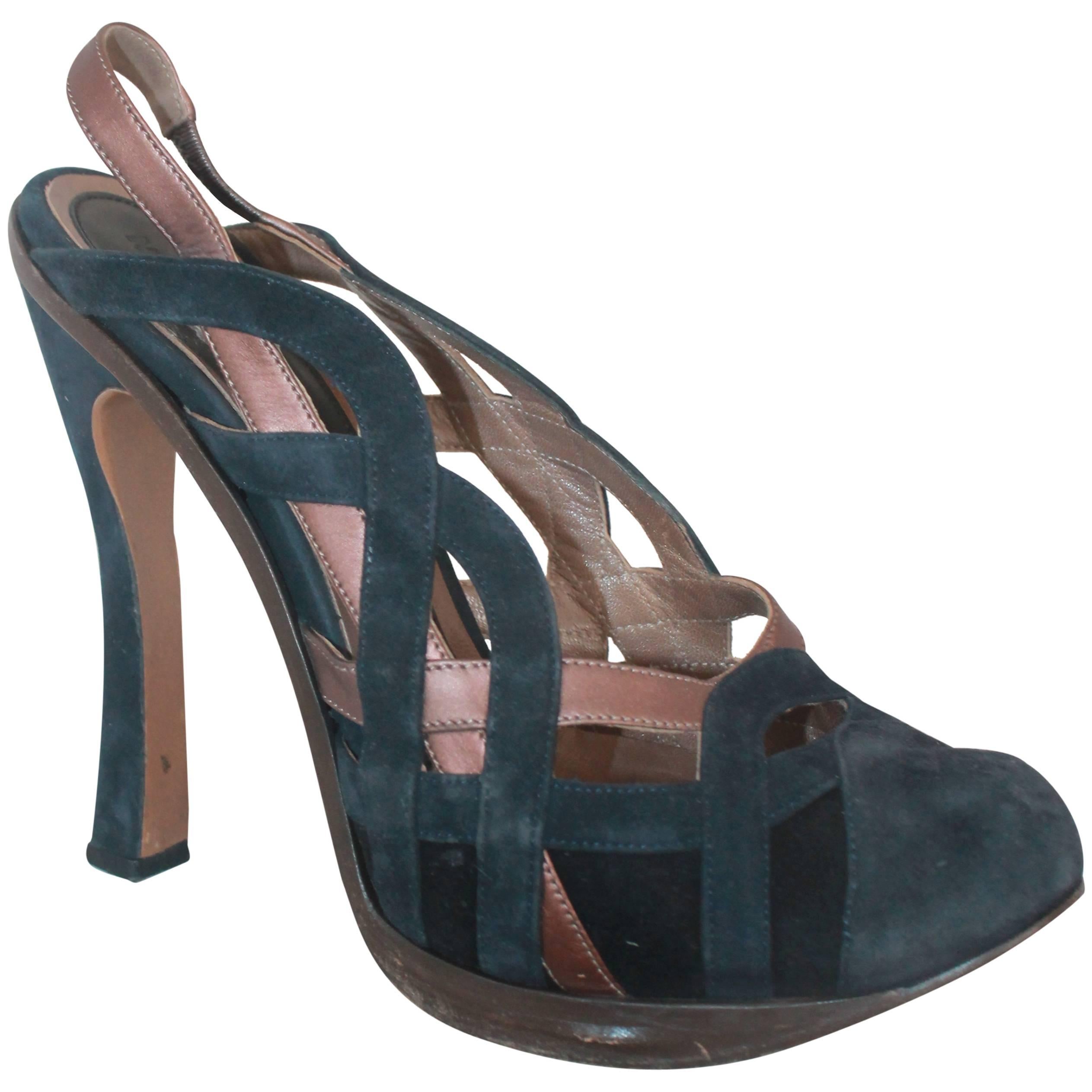 Marni Navy & Brown Woven Suede Pumps w/ Slingback Strap & Removable Bows - 40