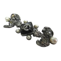 Chanel Gunmetal Metallic Pearl & Rhinestone Pin Brooch 