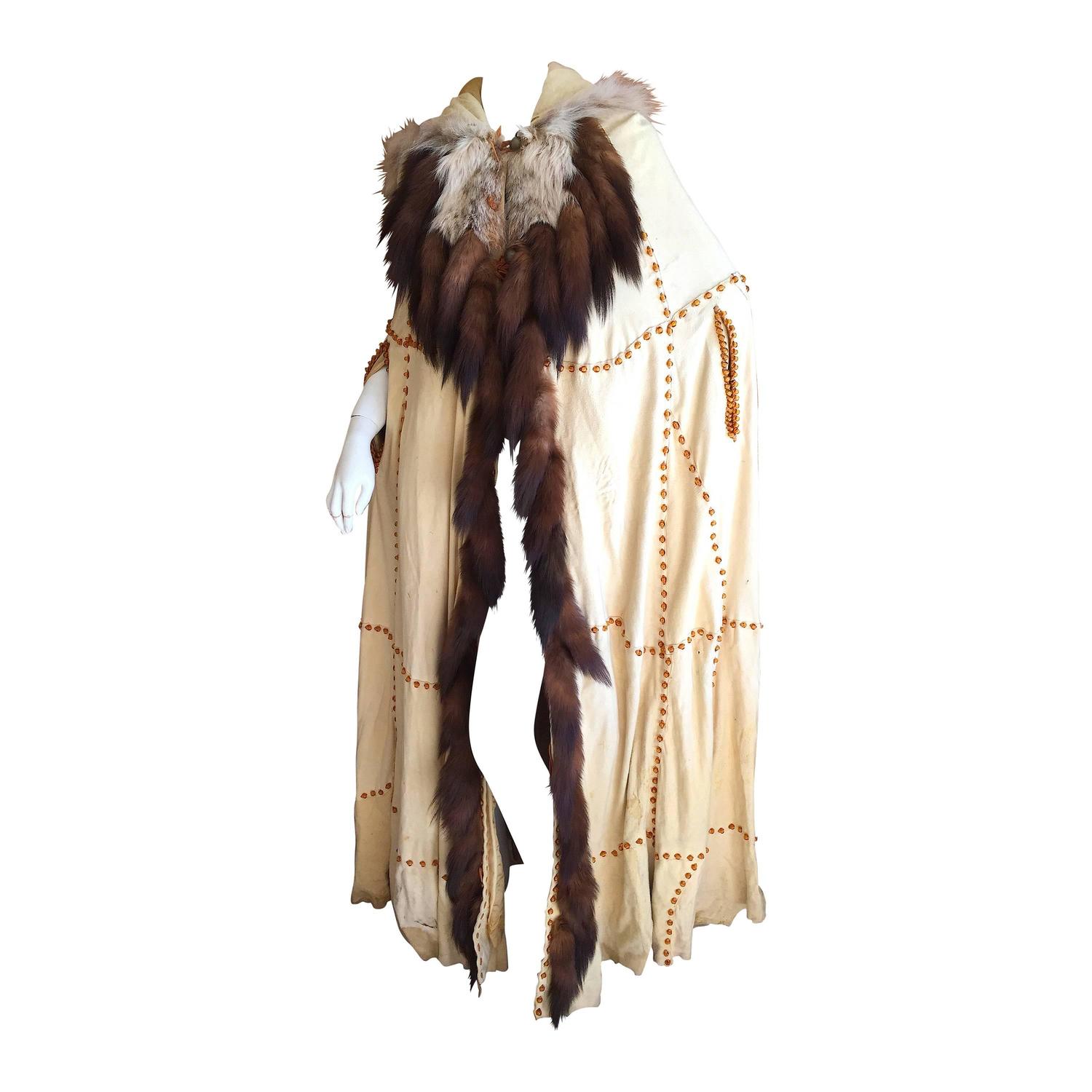 Floor Length Fur Trimmed Beaded Deerskin Cape at 1stdibs