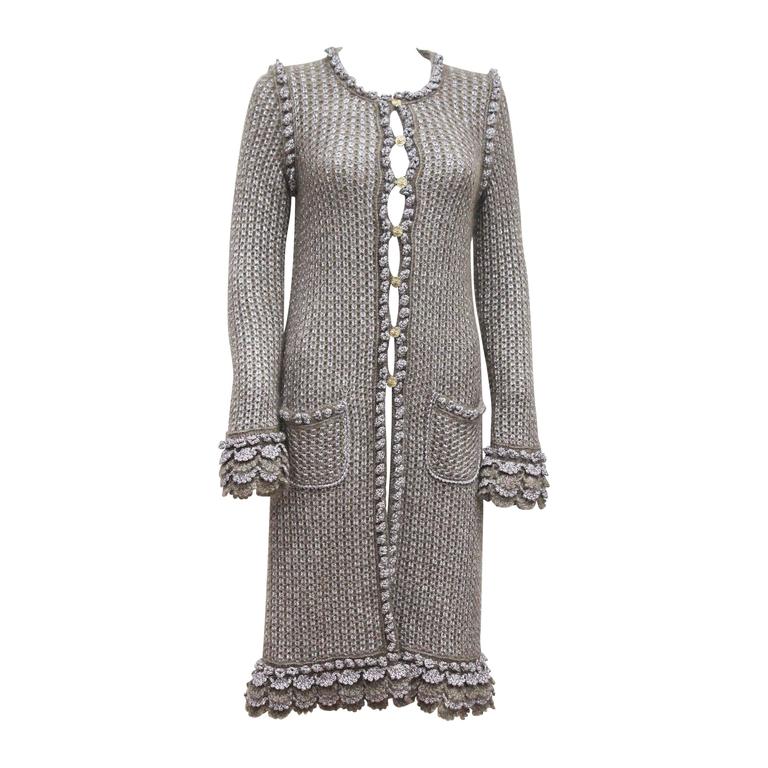 Exceptional 1990s Chanel crochet knit metallic long cardigan at 1stDibs