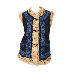 Vintage 70s Ethnic Floral Embroidered Suede Vest With Lynx Trim + Fox Fur Lining