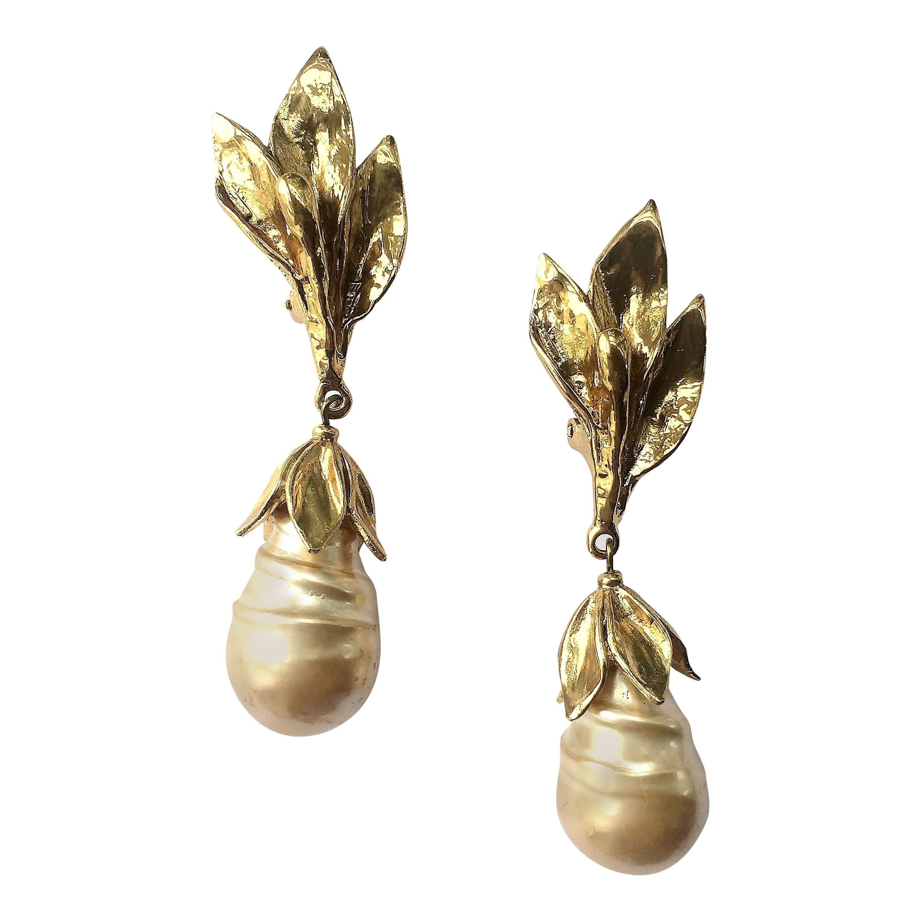 1980s Yves Saint Laurent gilt leaf and baroque pearl drop earrings