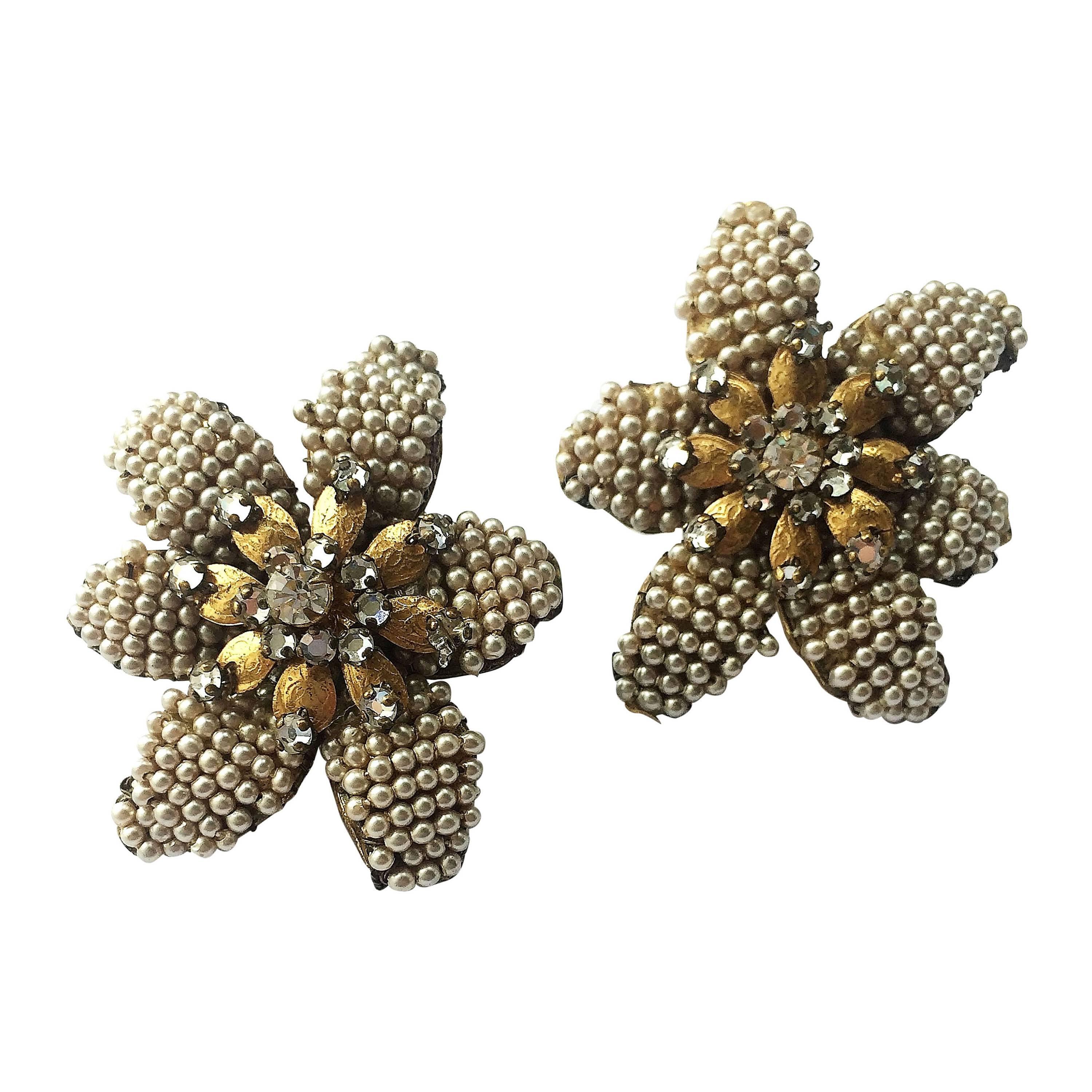  Very large seed pearl and rose montes "Flower" earrings, Miriam Haskell, 1950s