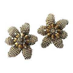 Very large seed pearl and rose montes "Flower" earrings, Miriam Haskell, 1950s