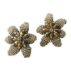 Vintage  Very large seed pearl and rose montes "Flower" earrings, Miriam Haskell, 1950s