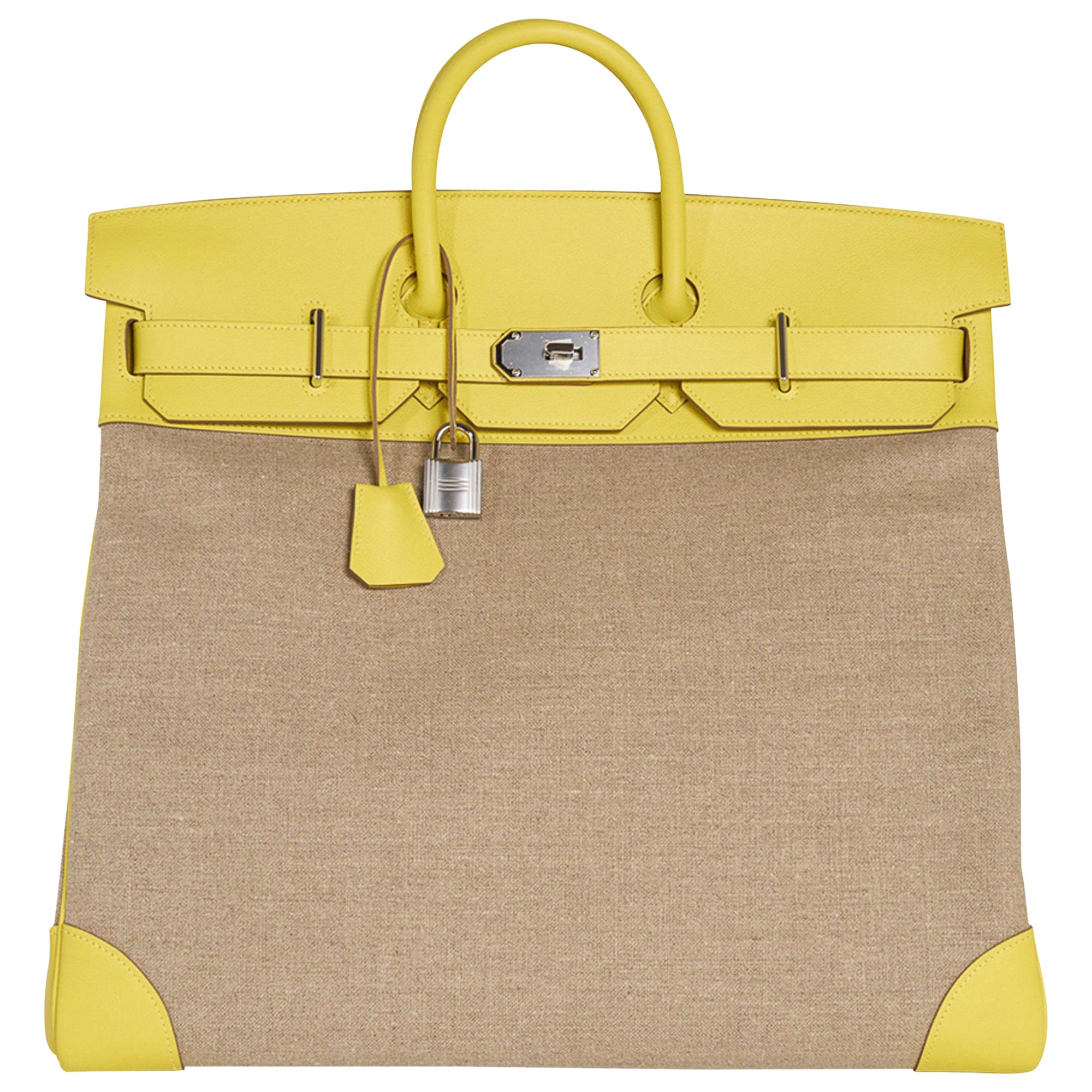 Hermes Hac 50 Birkin Tasche Lime Evercolor und Ficelle Toile Palladium Hardware