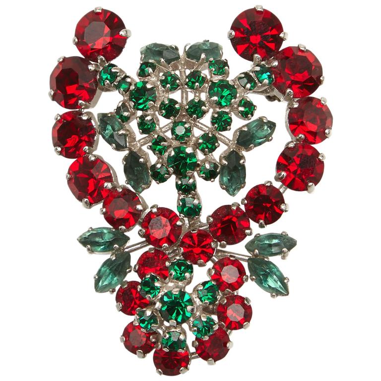 1959 Christian Dior Red and Green Stone Brooch For Sale at 1stdibs