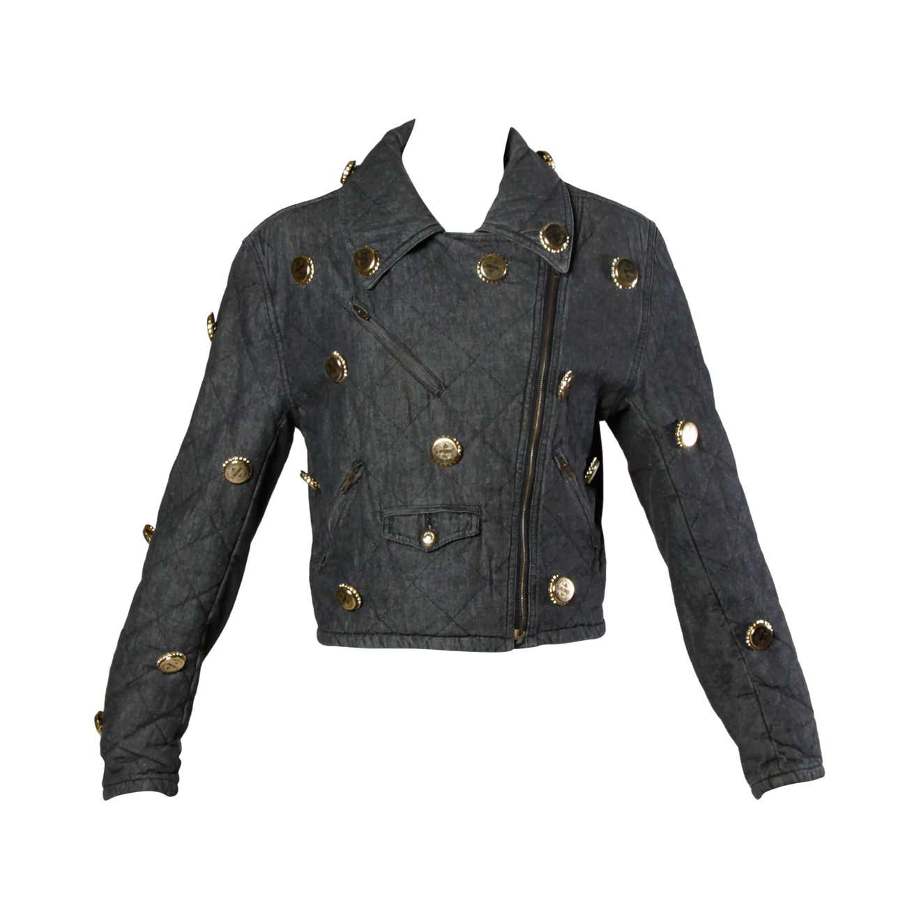 Moschino Vintage Quilted Denim Biker Jacket with Bottle Cap Appliques ...