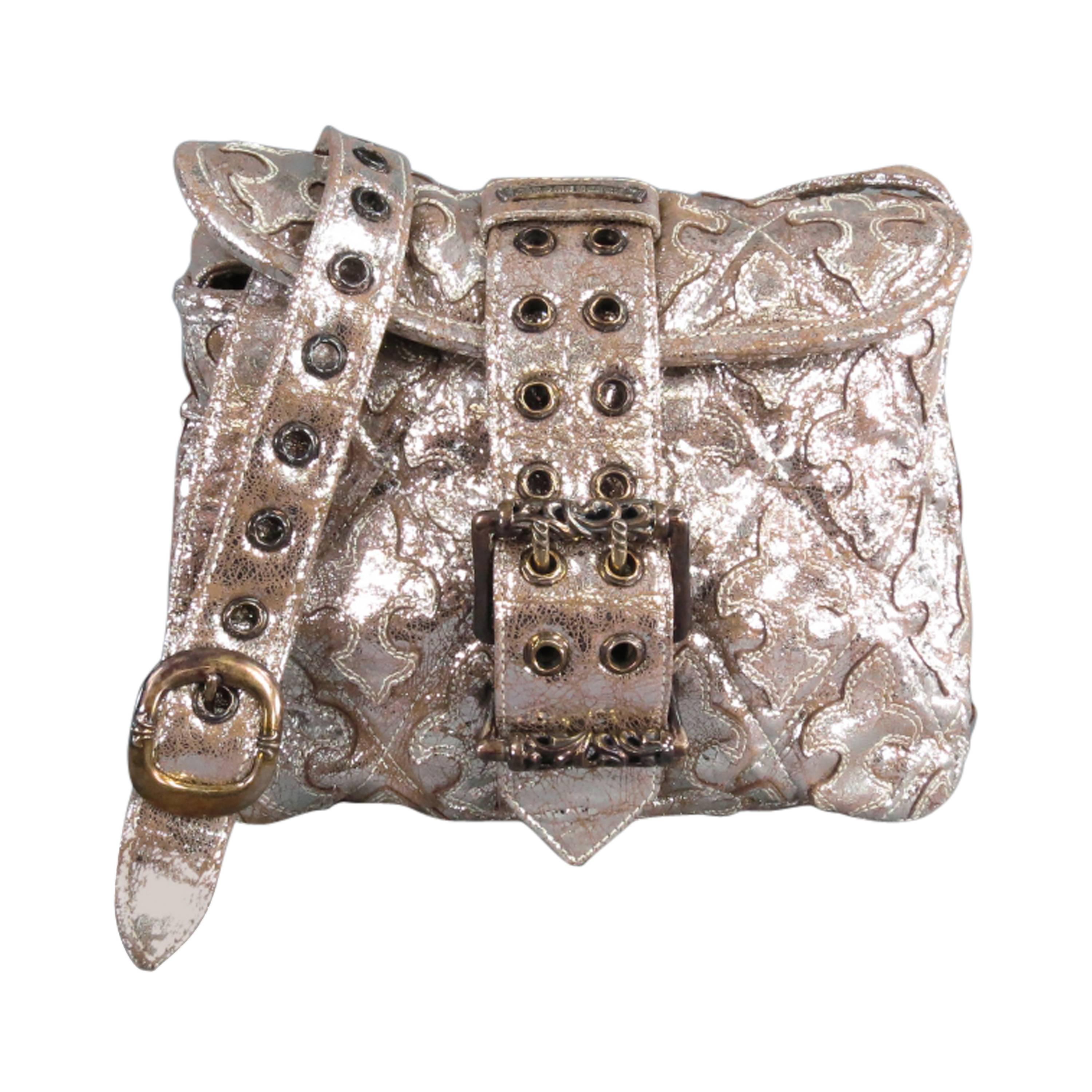 CHROME HEARTS Metallic Silver Quilted Textured Leather Buckle Shoulder Hand- Bag