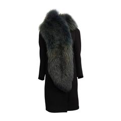 Prada Black Wool Coat with Green Fox Fur Collar