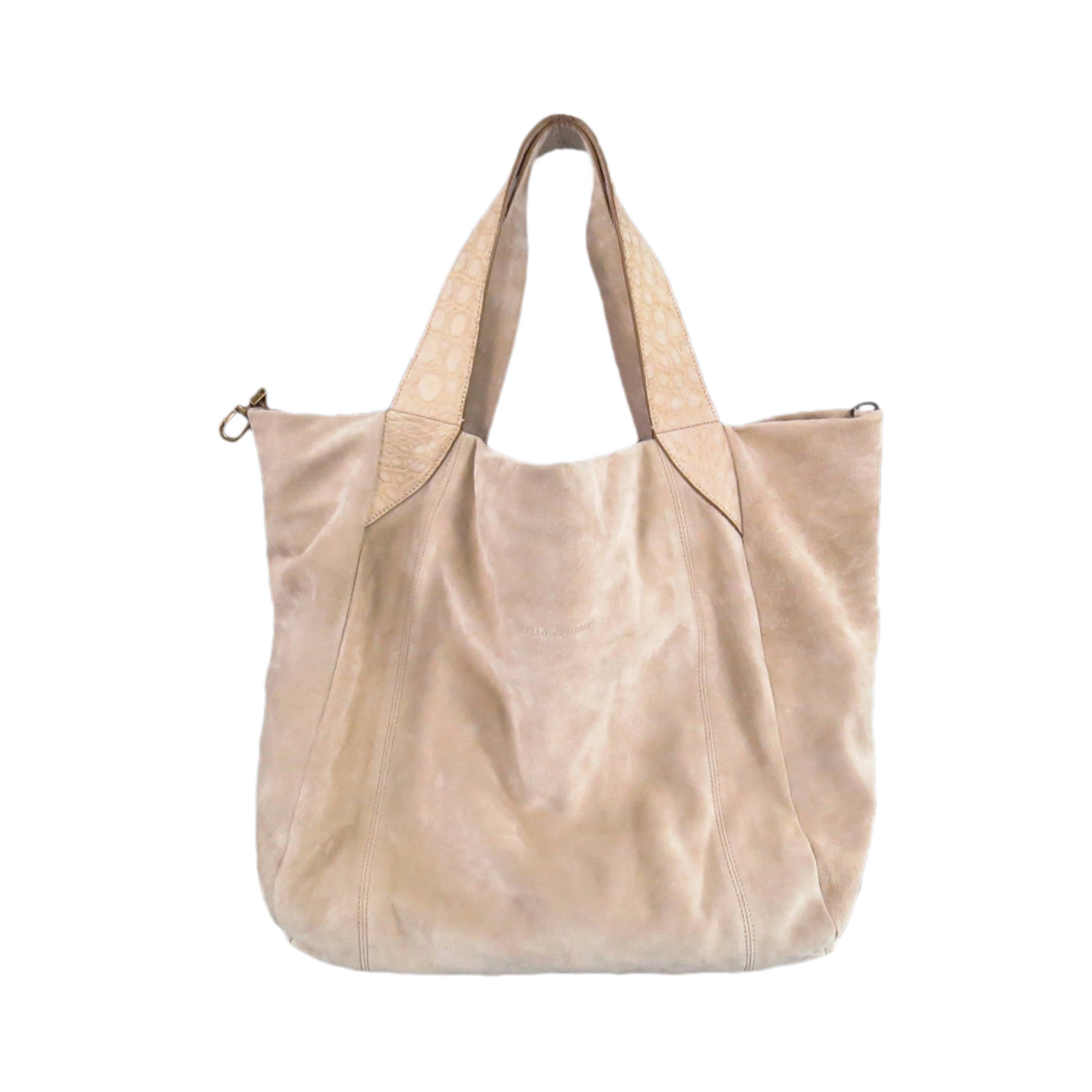 BRUNELLO CUCINELLI Beige Suede Croc Embossed Handles Tote Handbag