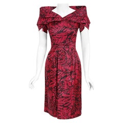 Vintage 1950's Worth Couture Shocking Pink Floral Print Silk Shawl-Collar Dress