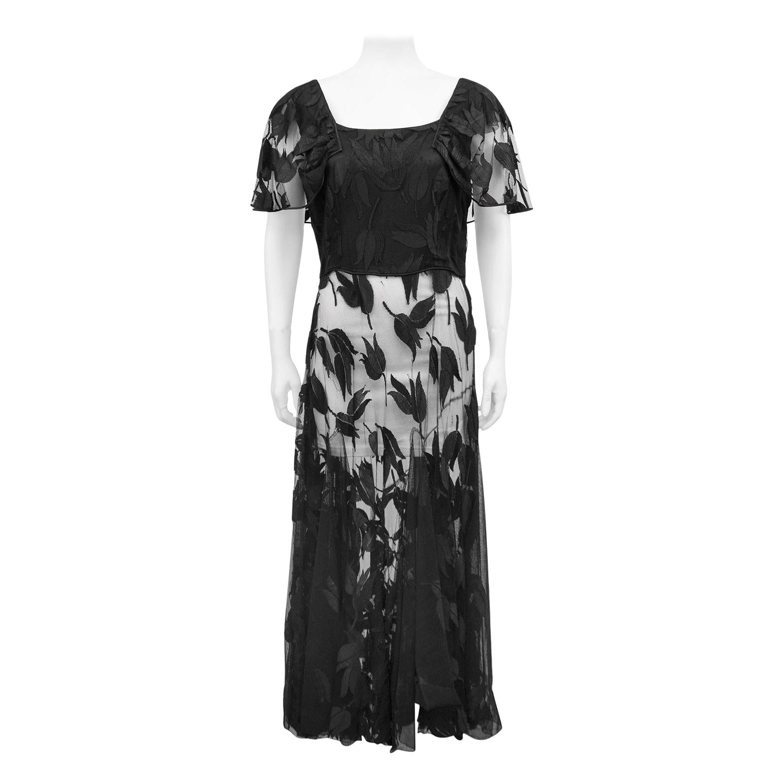 Vintage 1940's Black Net Gown with Floral Motif For Sale