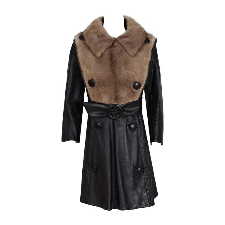 1960's Dark-Brown Leather and Mink Fur Double-Breasted Mod Miltary ...