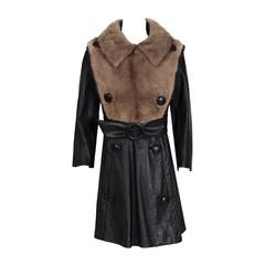 Vintage 1960's Dark-Brown Leather & Mink Fur Double-Breasted Mod Miltary Belted Coat