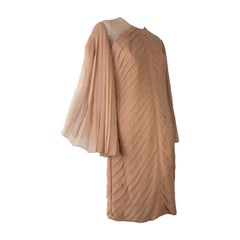 1980s Galanos Peach Blush Silk Chiffon Pleated Dress w/ Fan Sleeves