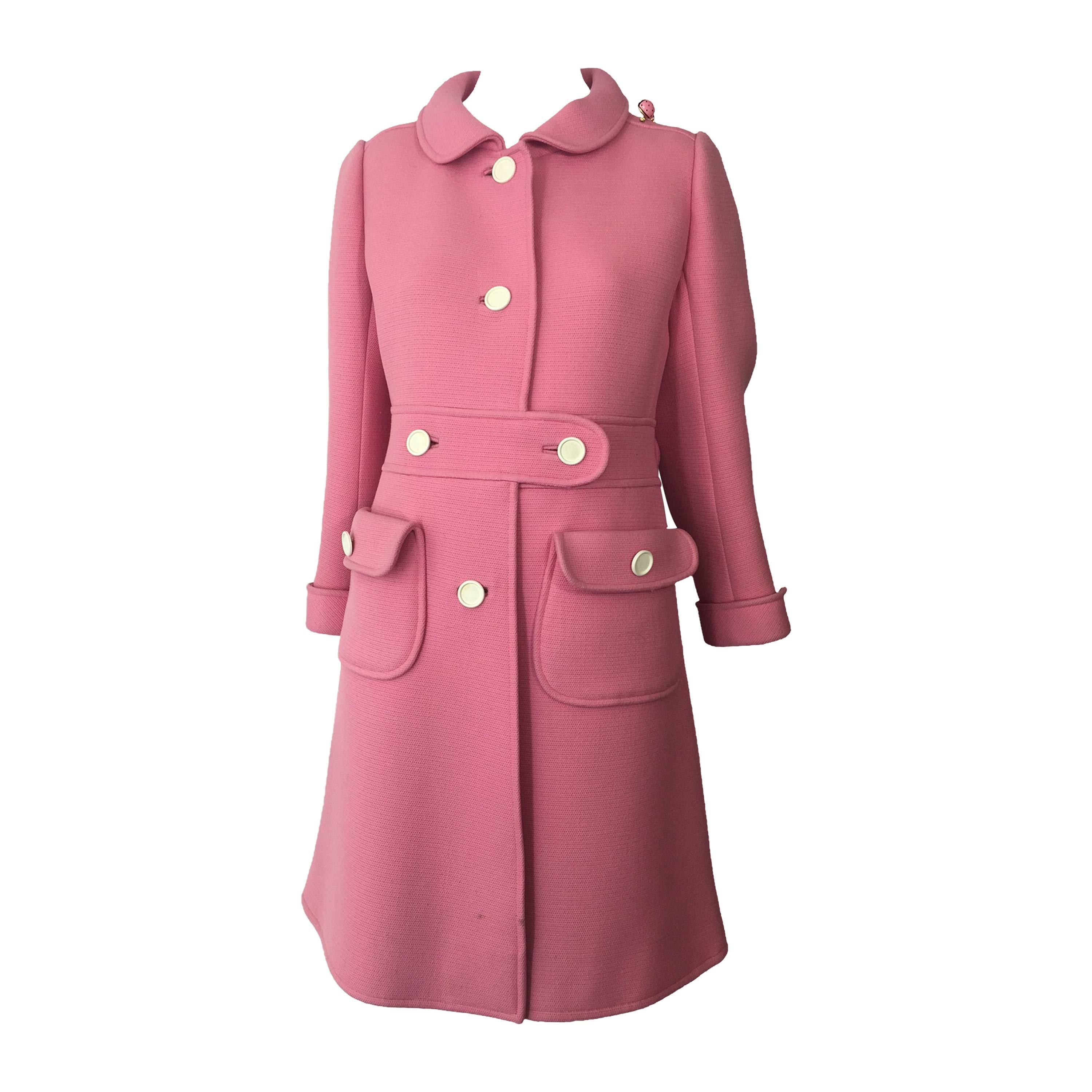 1960s Courreges Pink Wool Mod Coat with White Buttons