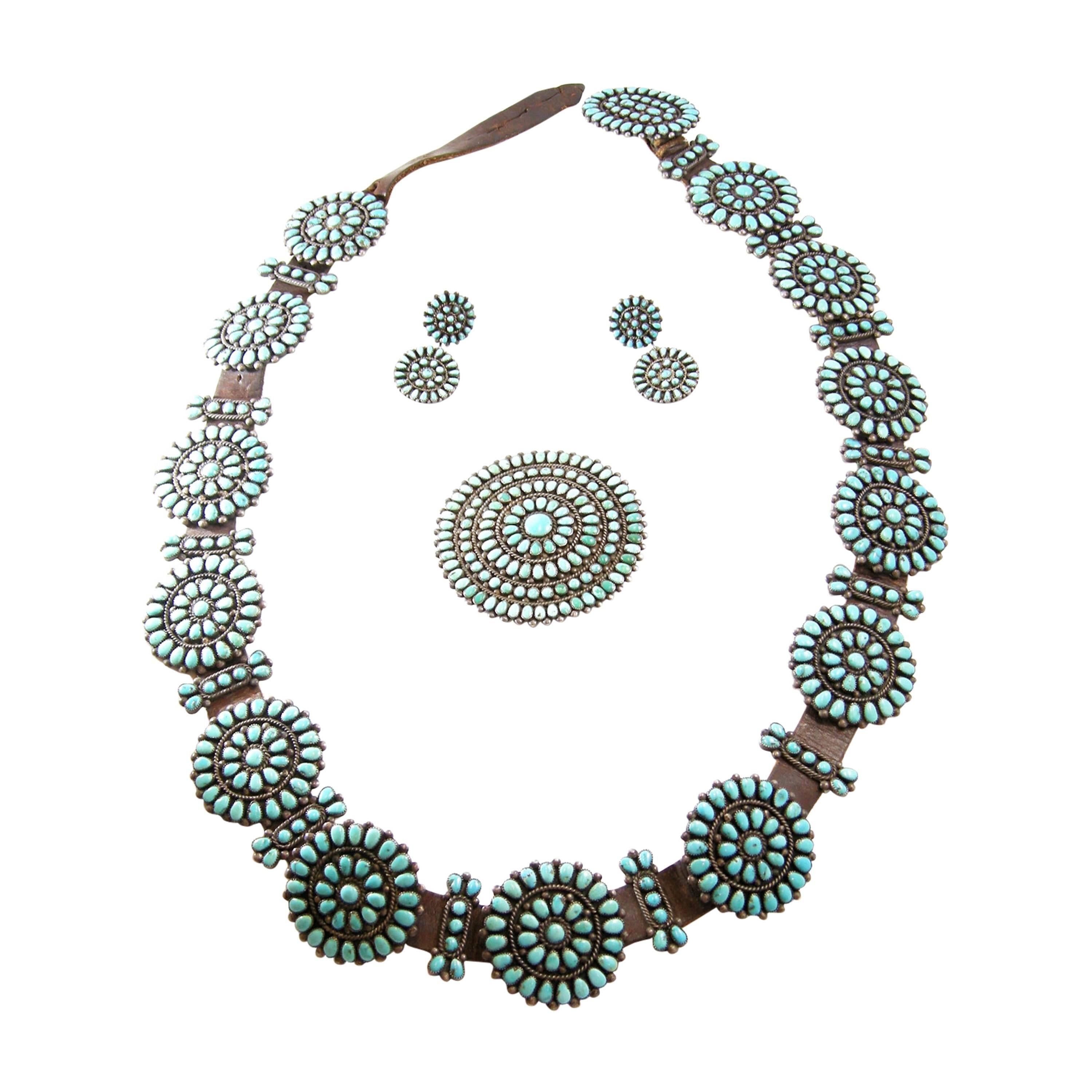 Early Sterling Silver Zuni Collection Of Turquoise Medallion Belt, Earrings And 